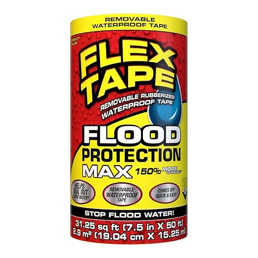 Flex Tape Flood Protection, 7.5 in x 50 ft, MAX, Waterproof Rubberized Tape, Removable, Use on Windows, Doors, Garage Doors, Casings, Thresholds, Conduits, Vents, Ducts
