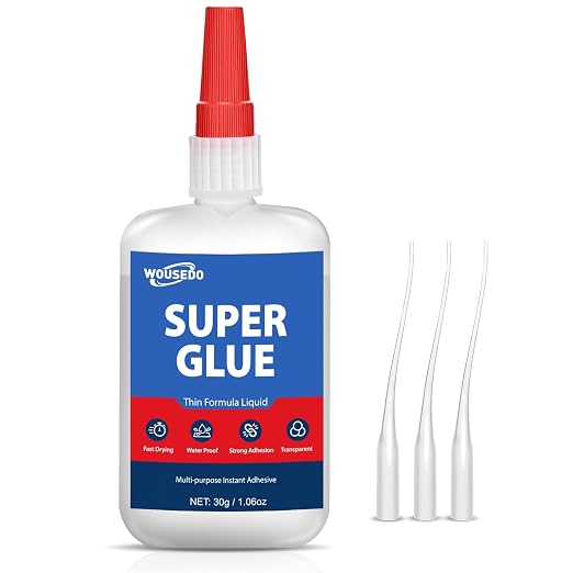 WOUSEDO Super Glue Liquid 30g, Fast Bonding Instant Thin CA Glue | Strong Clear Cyanoacrylate Adhesive for Rubber, Metal, Wood, Ceramic, Plastic*, Ideal for Hobby, Craft and Repair