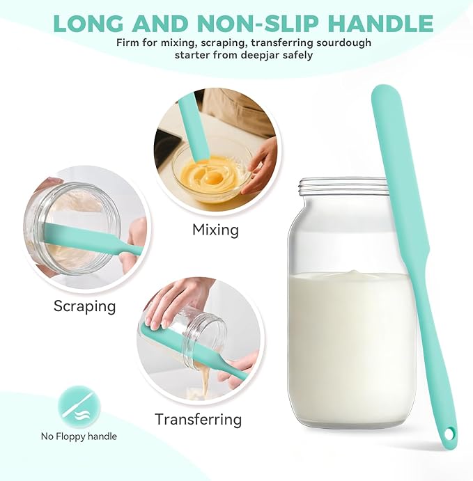 Silicone Jar Spatula Set of 4, Long Handle Skinny Spatula and Spurtle for Sourdough Starter, Flexible Jar Scraper for Peanut Butter, Jam, Icing, Cream with No Batter Left Behind (4, Green)