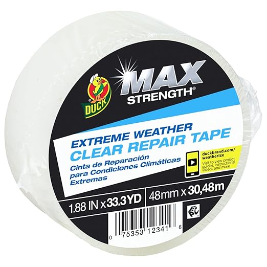 Duck Brand All Weather Indoor/Outdoor Repair Tape, Weatherproofing, Clear & UV Resistant, 1.88-Inch x 33.3-Yards, Single Roll, 281230