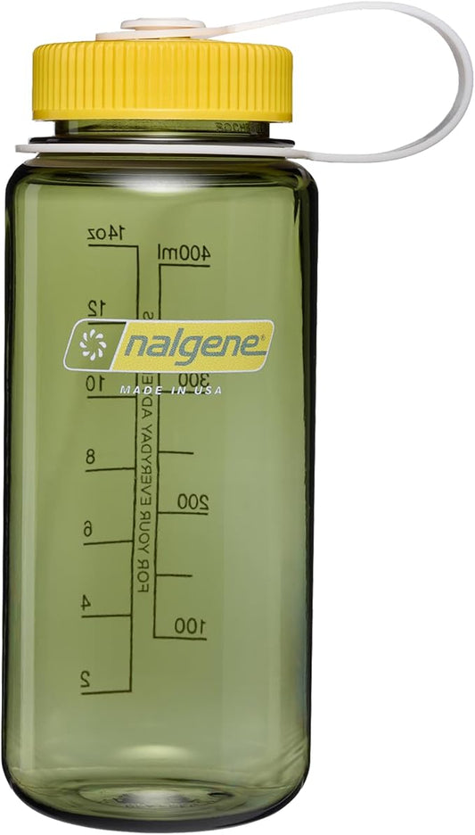 Nalgene 16 oz Wide Mouth Water Bottle | Slim Cup Holder Size, BPA-Free, Durable & Leak Proof Travel Bottle – Thrill & Motion, Oil Green w/Freesia