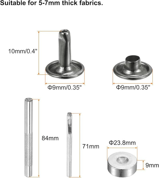 HARFINGTON 100 Sets Leather Rivets 10 x 9mm Metal with 3 Setter Tools Gunmetal