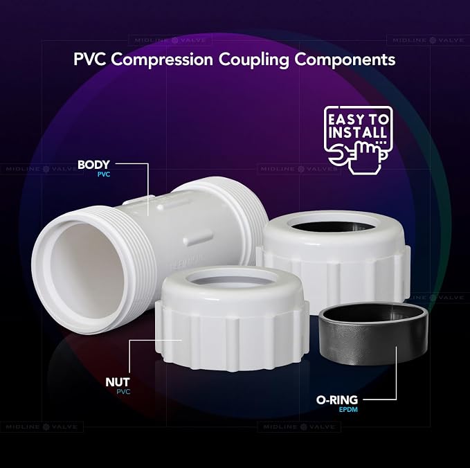 Midline Valve 582DD212 PVC Compression Coupling Pipe Fitting; 2-1/2 in.; White Plastic