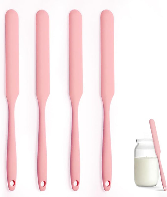 Silicone Jar Spatula Set of 4, Long Handle Skinny Spatula and Spurtle for Sourdough Starter, Flexible Jar Scraper for Peanut Butter, Jam, Icing, Cream with No Batter Left Behind (4, Pink)