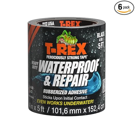 T-Rex Heavy Duty Waterproof and Repair Tape for Wet or Rough/Dirty Surfaces Including Underwater, Leaks and More, 4" x 5', Black, 1-Roll (285987) (Pack of 6)