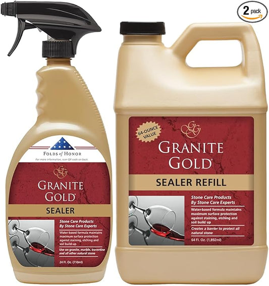 Granite Gold Granite Sealer Combo Pack, Water-Based Sealer Spray and Refill for Granite, Marble, Travertine, Natural Stone Countertops, 24 oz + 64 oz