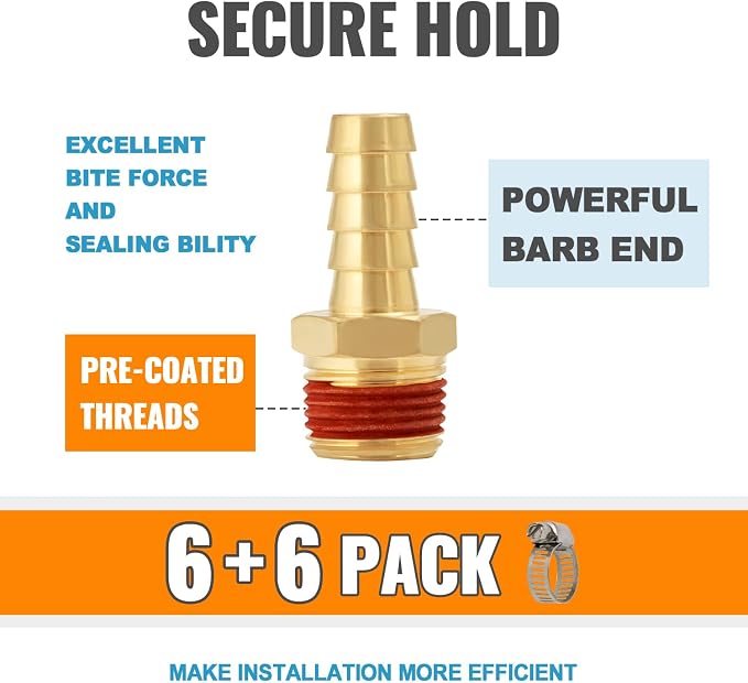 SUNGATOR 6-Pack Air Hose Fittings, 3/8" Barb to 1/4" NPT Air Hose Repair Kit with Sealant, 3/8" to 1/4" NPT Male Brass Fittings, Barbed Gas Line Repair Connectors with 6 Pcs Clamps