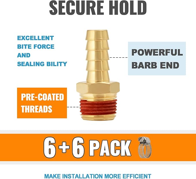 SUNGATOR 6-Pack 1/2" Barb to 1/4" NPT Air Hose Fittings, Brass Air Hose Repair Kit with Sealant, 1/2" to 1/4" NPT Male Brass Fittings, Barbed Gas Line Repair Connectors with 6 Clamps