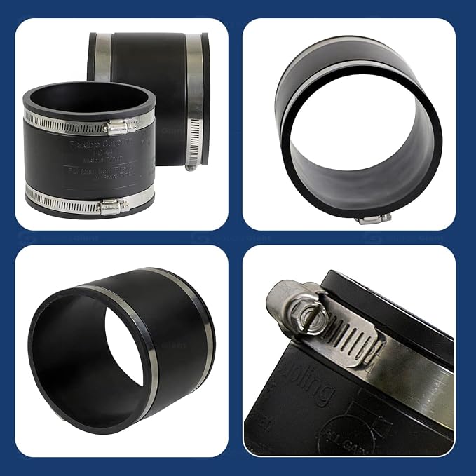 Supply Giant 6I5J Flexible PVC Coupling with Stainless Steel Clamps, 8.6" Inner Diameter for 8" Nominal Pipe, Black