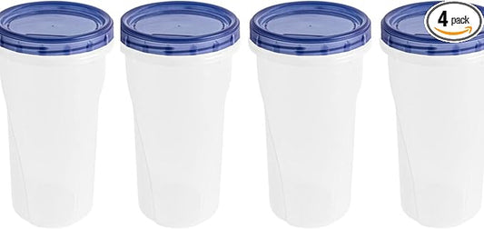 [48 Oz - Blue - 4 Pk] Large Deli Food Storage Screw And Seal Containers 48 Oz Stackable Reusable Mirowave Dishwasher Safe Quality Plastic Twist Cap Canisters 4 Pack