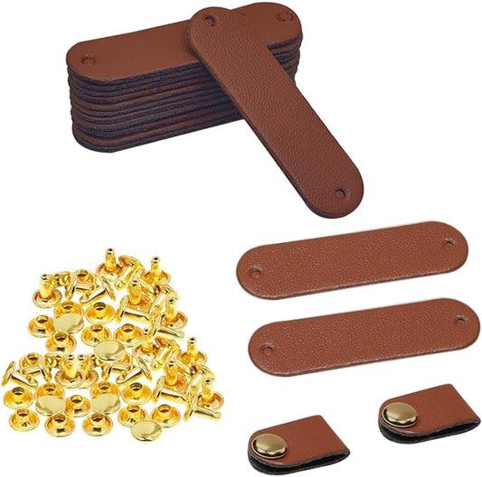 Small Brown PU Leather Handmade Tag with 8mm Rivet Button for Knits,Universal Blank Label Cute Repair Patch Soft Crochet Tape with Holes for DIY Clothing,Sewing Stamping,Keychain,Crafts Decor (15)