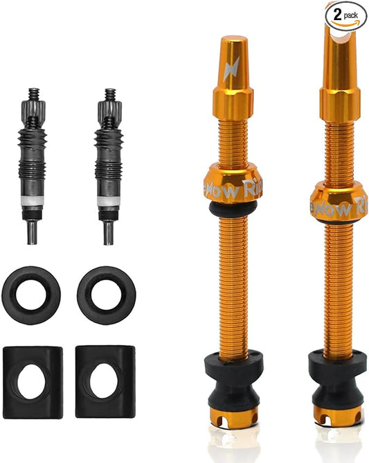 RideNow Tubeless Presta Valve Stems, 65mm Super Light 7075 Aluminum Alloy Presta Tubeless Valve Stem Kit with Valve Core Remover Tool and Valve Stem Caps, Multiple Color and Size Options(Pair), Gold