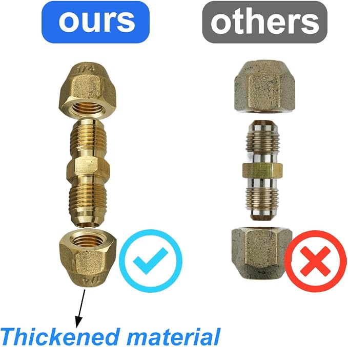 2 Pieces AC Copper Pipe Extension Joint Connectors 1/4" Brass Flare Fitting Nuts Butt Copper Tube Fitting with Flare Nut