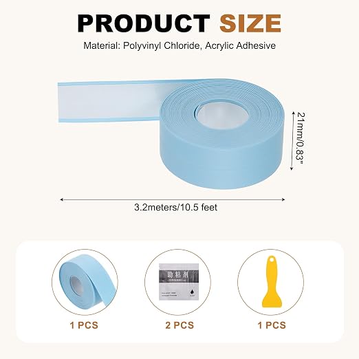 uxcell Caulk Tape Waterproof, 0.83 Inch x 10.5 ft Self-Adhesive Sealant Sealing Strip Caulking Sealant Tape PVC with Tool for Kitchen Sink Toilet Bathroom Bathtub Floor, Blue