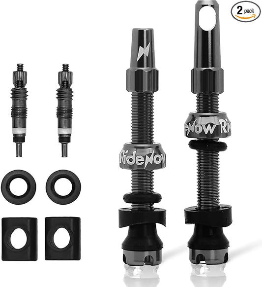 RideNow Tubeless Presta Valve Stems, 45mm Super Light 7075 Aluminum Alloy Presta Tubeless Valve Stem Kit with Valve Core Remover Tool and Valve Stem Caps, Multiple Color & Size(Pair), Titanium Gray