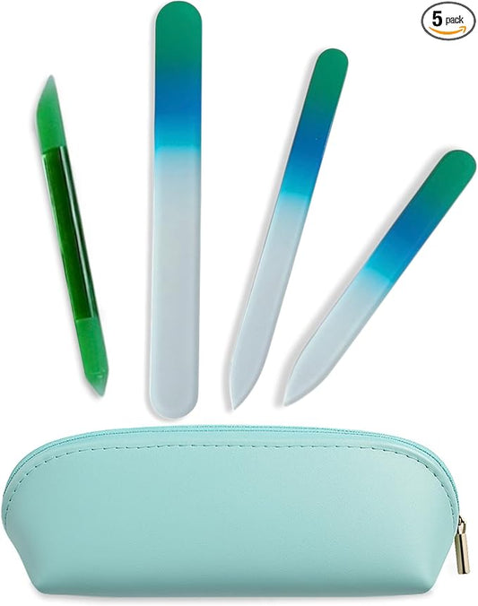 Alban Czech Glass Nail File Set with Manicure Stick & Vegan Leather Cosmetic Case (Green-Blue Nail Files, Green Manicure Stick & Light Blue Cosmetic Case)