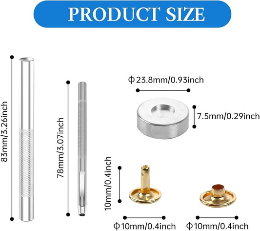 100 Sets Leather Rivets 10x10mm Double Cap Rivets Snaps Metal Studs Fasteners with 3pcs Setting Tools for Leather Craft DIY Repair Decoration, Gold Tone
