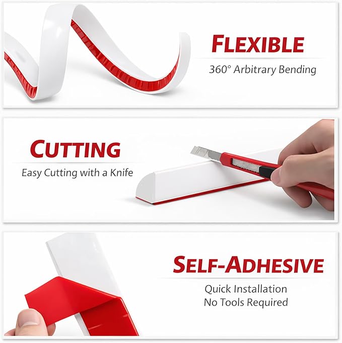 3/4 Inch Flexible Quarter Round Molding, Peel and Stick Rubber Floor Trim, Quarter Round Trim with 3m Tape, Self-Adhesive Bathtub Trim Molding(Hollow, 118Inch)