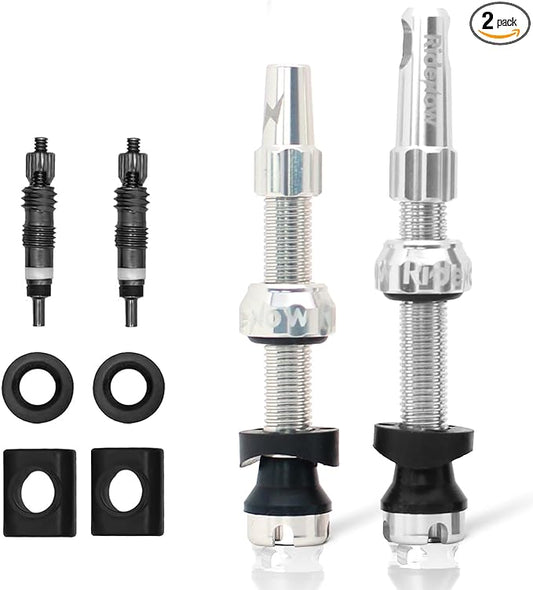 RideNow Tubeless Presta Valve Stems, 45mm Super Light 7075 Aluminum Alloy Presta Tubeless Valve Stem Kit with Valve Core Remover Tool and Valve Stem Caps, Multiple Color and Size Options(Pair), Silver