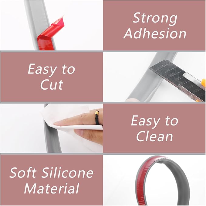 39 Inch Shower Threshold Water Dam, Silicone Barrier Shower Door Bottom Seal Strip, Self Adhesive Waterproof Barrier, for Kitchen Countertop Sink, Cooktop, Bathroom（Grey）