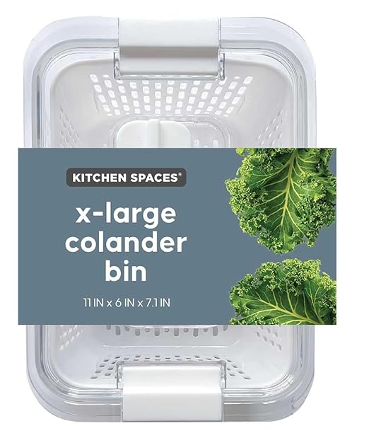 Kitchen Spaces Colander Bin, Produce Saver, Fridge Organizer With Lid, Wash, Strain and Store, Great for Refrigerator, Freezer and Pantry, X-Large, White, Pack of 1