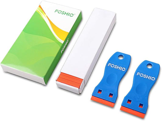 FOSHIO Plastic Razor Blade Scraper Include 2PCS Scraper Tool and 100PCS Blades for Gasket Remover, Labels Decal and Adhesive Remover for Windows and Glass