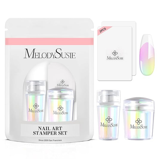 MelodySusie Nail Stamper Kit, 2 Sets Silicone French Tip Upgrade Stamp Tool, Long and Short Stampers with 2PCS Scrapers for French Manicure DIY Home Art Design Salon, Aurora