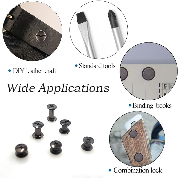 Black Chicago Screw Leather Assorted Kit, 90 Sets, 6 Sizes | M5 X 4, 5, 6, 8, 10, 12, Screw Rivets for Leather, For DIY Leather Craft, For Bookbinding