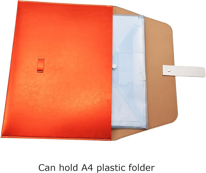 PU Leather A4 File Folder Large Document Holder Waterproof Envelope Folder Case with Handmade Closure (Orange)