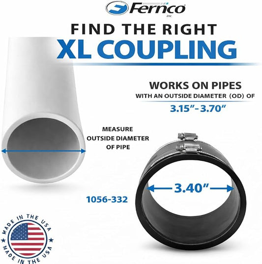 Fernco XL 1056-332 Flexible Pipe Coupling 3” – Extra-Long DWV Connector with Stainless Steel Clamps – Positive Seal for Cast Iron, PVC, Steel & Lead Plumbing Repair