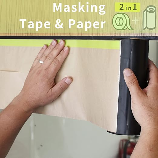 Tangibay Pre-Taped Masking Paper for Painting - 12 inch x 50 feet Tape and Drape Painters Paper, Paint Adhesive Protective Paper Roll for Covering Skirting, Frames, Cars and Auto Body (8 Rolls)