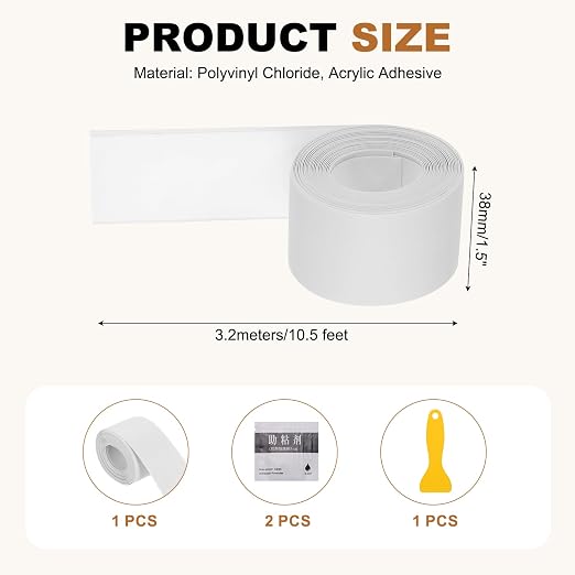 uxcell Caulk Tape Waterproof, 1.5 Inch x 10.5 ft Self-Adhesive Sealant Sealing Strip Caulking Sealant Tape PVC with Tool for Kitchen Sink Toilet Bathroom Bathtub Floor, White