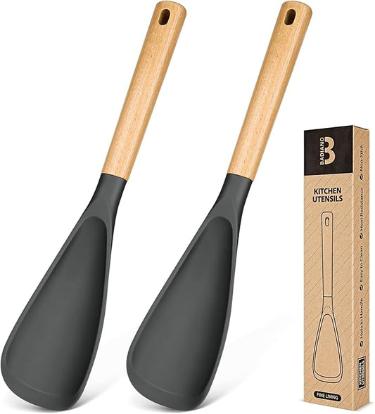 Cooking Spoon for Nonstick Cookwares, Great for Cooking and Serving Sturdy BPA-Free Matte Silicone, Wood Handle Spoon for Mixing, Scoop, and Scrape (2 Pack of Grey, 13.4 inch)