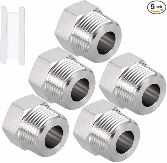 Pack of 5, 3/4" Male NPT to 3/8" FeMale NPT Solid 304 Stainless Steel Hex Bushing with Sealing Tape, Hose Fittings Adapter Reducer for Bathroom Remodel, Tool Extensions