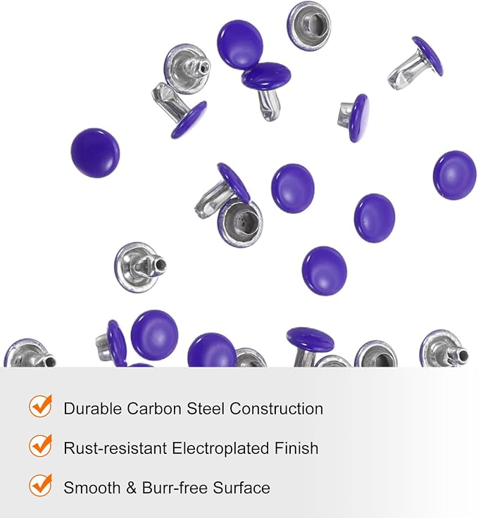 HARFINGTON 100 Sets Double Cap Leather Rivets, 6x6mm Round Cap Tubular Metal Studs Leather Crafting Rivets for Fabric Belt Pet Collar Boot Bag Repair and Decoration, Purple