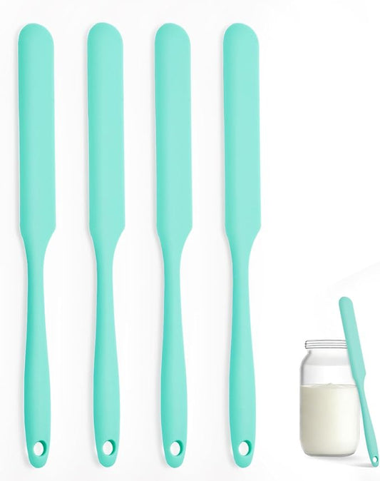 Silicone Jar Spatula Set of 4, Long Handle Skinny Spatula and Spurtle for Sourdough Starter, Flexible Jar Scraper for Peanut Butter, Jam, Icing, Cream with No Batter Left Behind (4, Green)