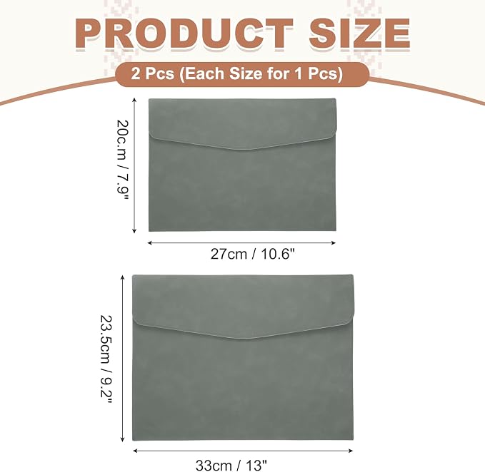 PATIKIL 2Pcs PU Leather File Folders, 13x9 A4 Document Holder Waterproof Envelope Folder with Snap Closure, Portable Portfolio Organizer Case for Paper Receipt, Gray