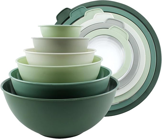 COOK WITH COLOR Mixing Bowls with Lids - 12 Piece Plastic Nesting Bowls Set includes 6 Prep Bowls and 6 Lids, Microwave Safe Mixing Bowl Set, Sage Tritan Lid