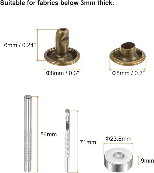 HARFINGTON 100 Sets Leather Rivets 6 x 8mm Metal Double Cap Rivet Snaps Studs Fasteners with 3pcs Setting Tools Rivets for Leather Craft DIY Repair Decoration, Bronze