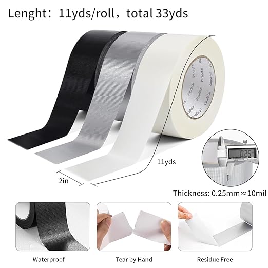 Duct Tape Heavy Duty Waterproof, Strong Adhesive Silver Duct Tape Bulk for Indoor Outdoor Repairs, DIY Work, Tear by Hand (Black + Silver + White 3 Pack, 2 Inch x 33 Yards Total)