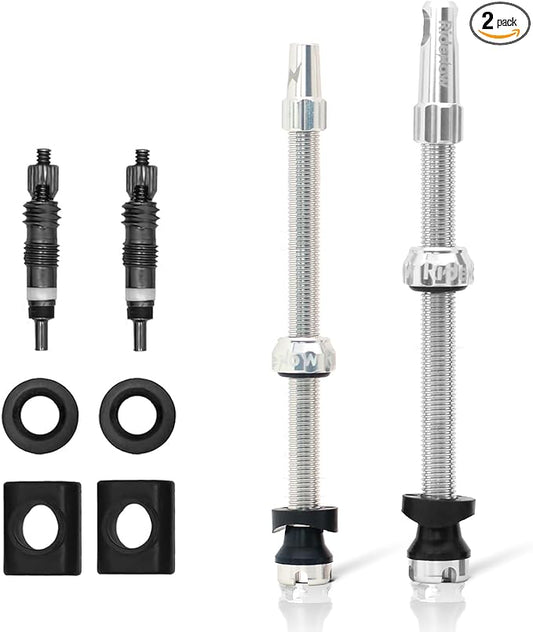 RideNow Tubeless Presta Valve Stems, 85mm Super Light 7075 Aluminum Alloy Presta Tubeless Valve Stem Kit with Valve Core Remover Tool and Valve Stem Caps, Multiple Color and Size Options(Pair), Silver