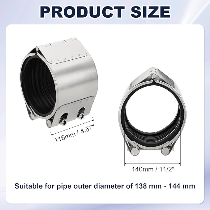 HARFINGTON Pipe Repair Clamp 5-1/2" OD 138mm-144mm 304 Stainless Steel Leak Sealer Emergency Pipe Repair for Plastic Metal Tubing Water Gas Oil Lines, Silver