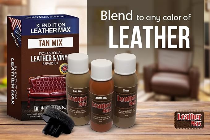 Leather Max Quick Blend Refinish and Repair Kit, Restore Couches, Recolor Furniture & Repair Car Seats, Jackets, Sofa, Boots / 3 Color Shades to Blend with Leather Vinyl Bonded and More (Tan Mix)
