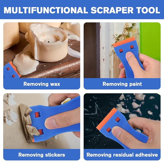 Ainiv Plastic Razor Blade Scrapers, 2PCS Scraper Tool with 30PCS Blades, Multi-funtional Cleaning Razor Scraper for Removing Stickers, Labels, Caulk, Adhesive, Paint Removal-Blue&Orange