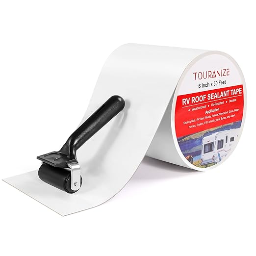 RV Roof Tape with Rubber Roller, 6 Inch x 50 Feet RV Sealant Tape for Camper Roof Repair, Boat Sealing, Trailer Roofing Seam Leaks, UV Resistant, Waterproof, White