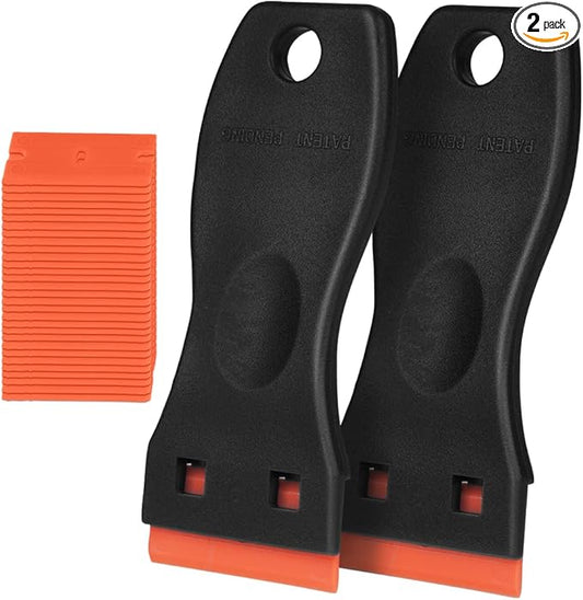 Ainiv Plastic Razor Blade Scrapers, 2PCS Scraper Tool with 30PCS Blades, Multi-funtional Cleaning Razor Scraper for Removing Stickers, Labels, Caulk, Adhesive, Paint Removal-Black&Orange