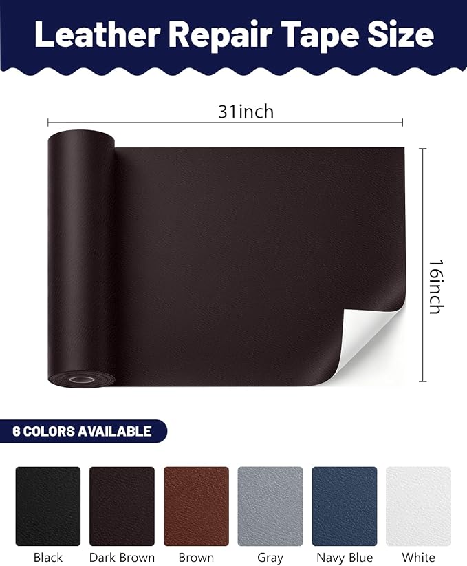 BOUYEER Leather Repair Patch Tape Kit,Self Adhesive Leather Repair for Sofa，Car Seat,Office Chair,Furniture,Jacket,Waterproof Strong Adhesive Vinyl Repair Kit. 16 in x 31 in,Fine Grained Dark Brown