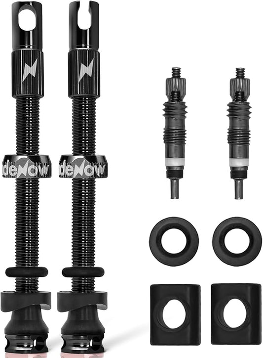 RideNow Tubeless Presta Valve Stems, 65mm Super Light Alloy Presta Tubeless Valve Stem Kit with Valve Core Remover Tool and Valve Stem Caps, Multiple Color and Size Options(Pair),Black