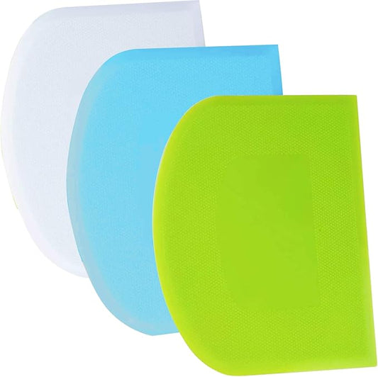 SURDOCA Dough Scraper Bench Scraper - 3P 9.5x6.1" Plastic Flexible Bowl Scraper, Sharp Edge & Angles Cake Scraper. Non-Slip Bakeware Decorating Tools Sculpting & Modeling Tools - Green+Blue+White