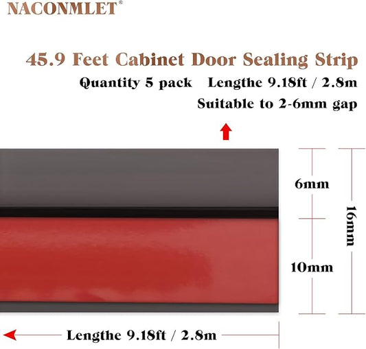 9.8 Ft*5 Pcs Cabinet Door Seal Strip Weather Stripping Gap Filler,Silicone Cabinet Door Dust Strips Suitable for Wardrobe and Cupboard,Rubber Seal Strip,Keep Cleaning Dry(Black